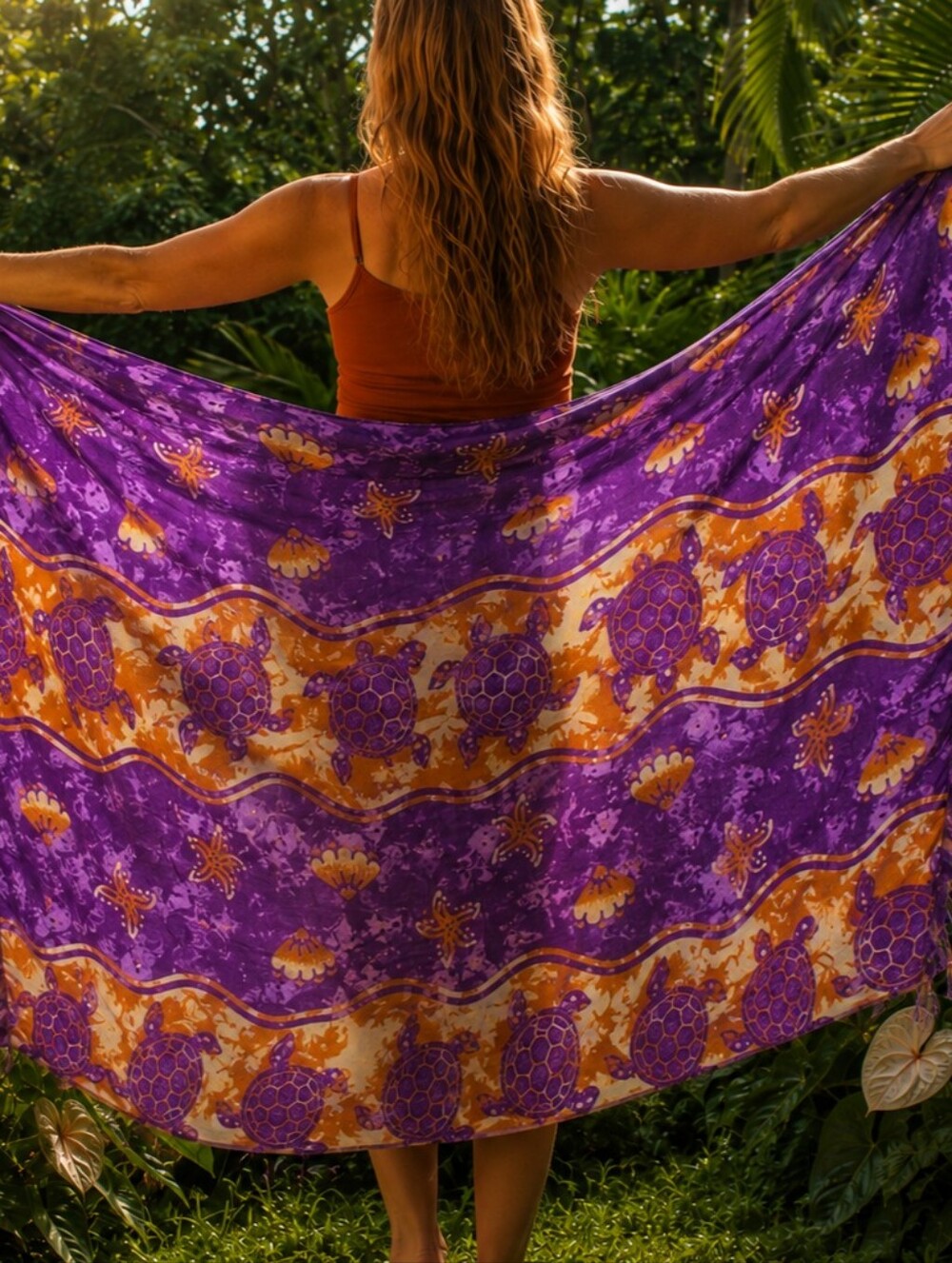 VTG 90s Batik S.S. Creation Hawaii Purple & Orange Turtle Star Fish Sarong Pareo